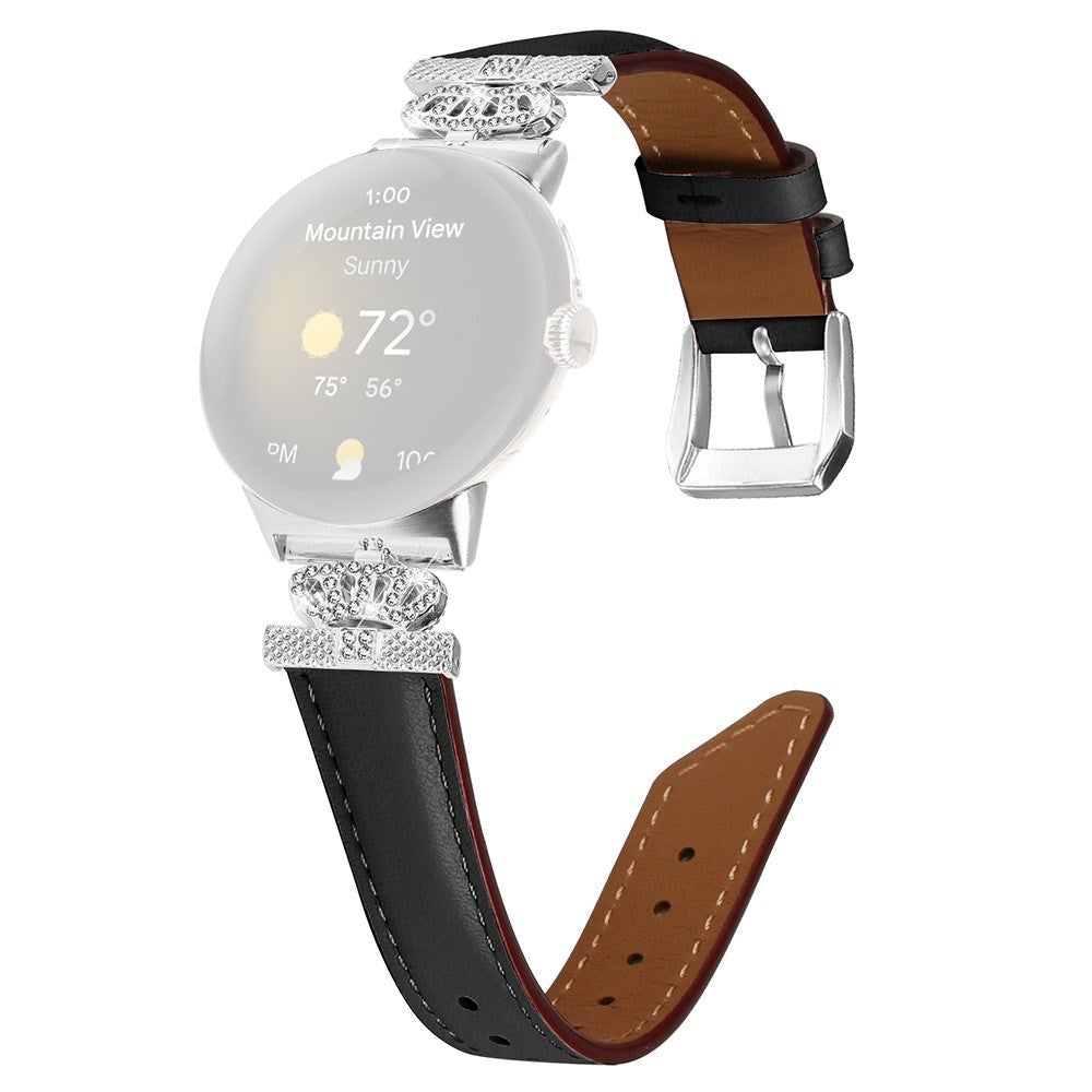 Google Pixel Watch 1 / 2 / 3 (41mm) Läderrem med Silver Strass Spänne - Svart