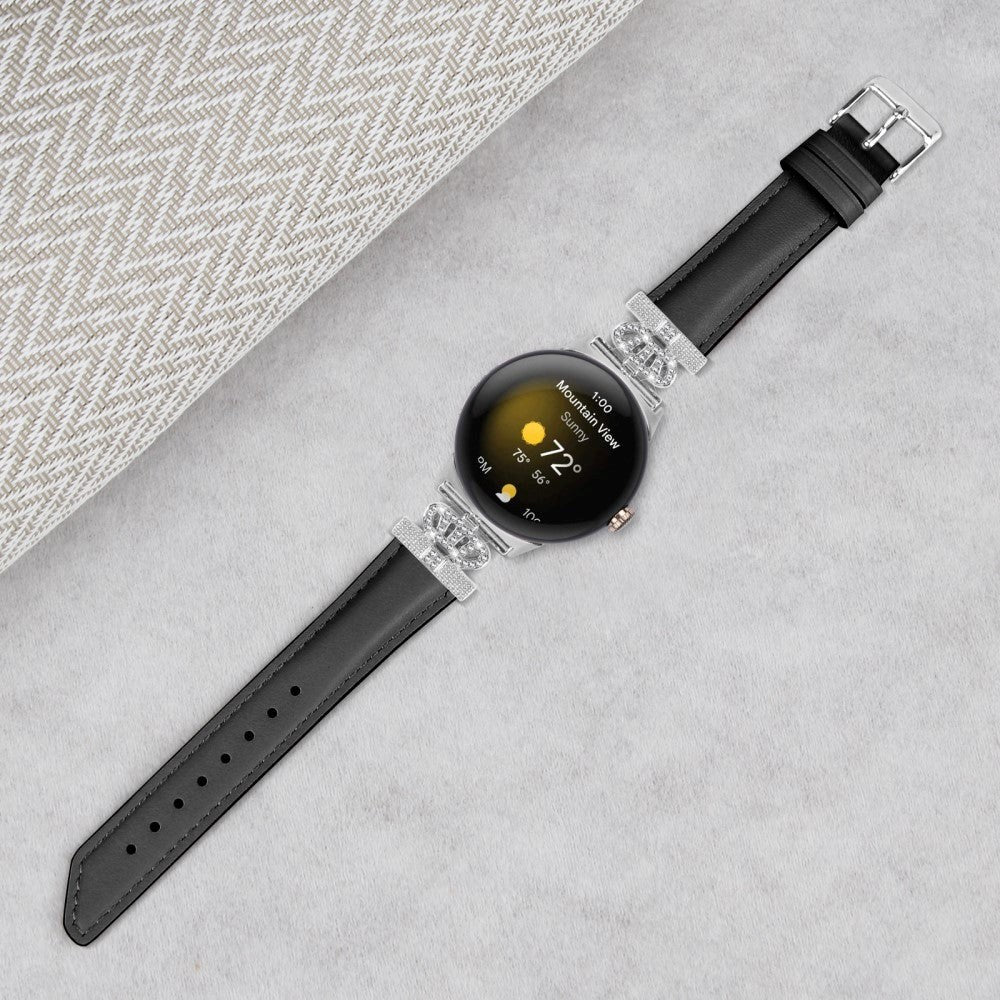 Google Pixel Watch 1 / 2 / 3 (41mm) Läderrem med Silver Strass Spänne - Svart