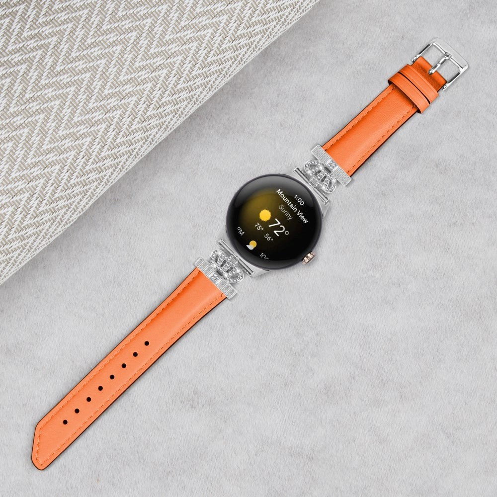 Google Pixel Watch 1 / 2 / 3 (41mm) Läderrem med Silver Strass Spänne - Orange