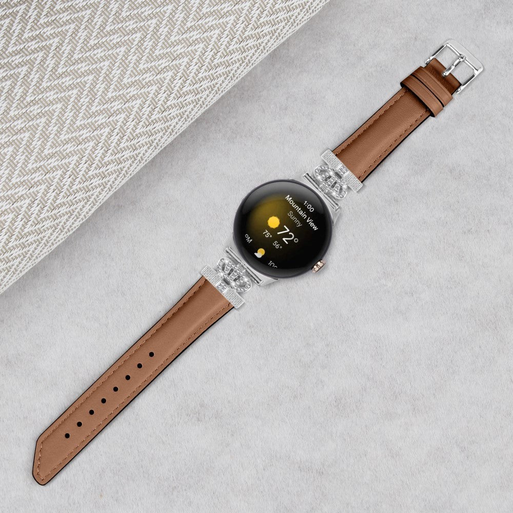 Google Pixel Watch 1 / 2 / 3 (41mm) Läderrem med Silver Strass Spänne - Brun