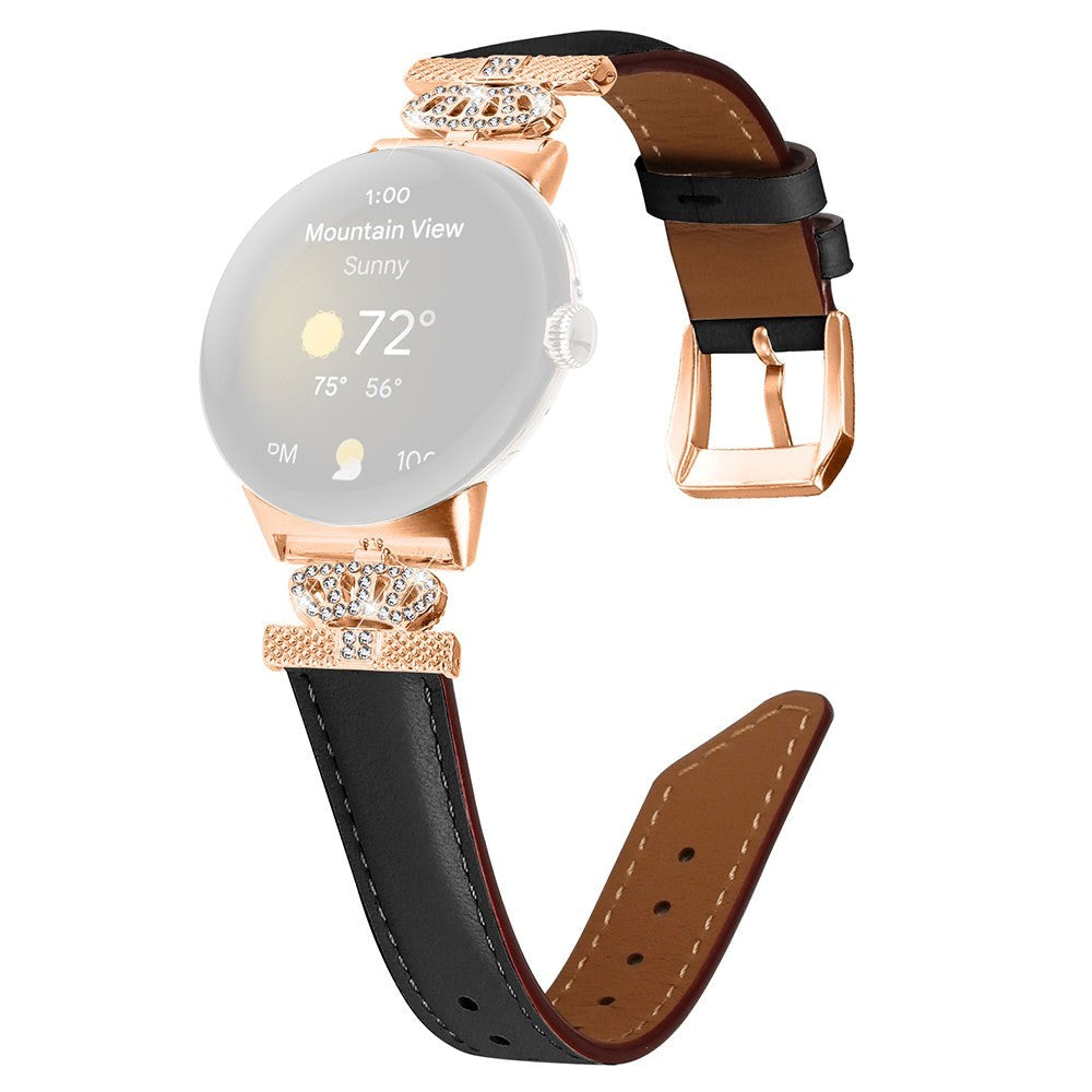 Google Pixel Watch 1 / 2 / 3 (41mm) Läderrem med Rose Gold Strass Spänne - Svart