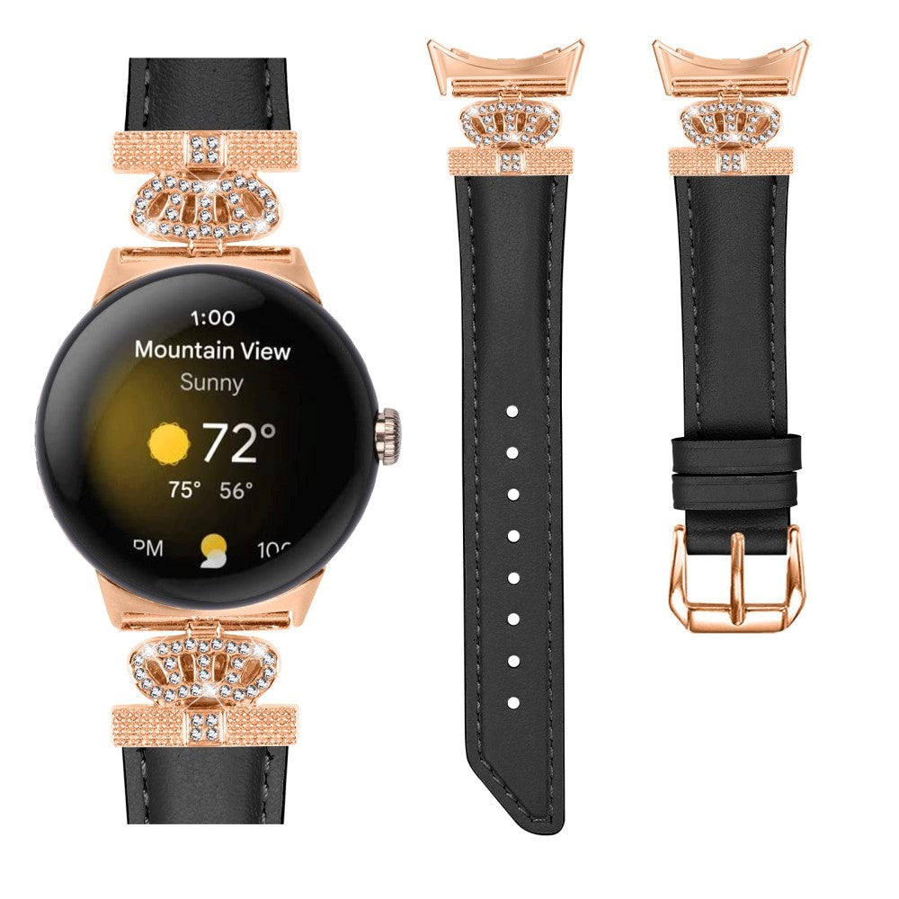Google Pixel Watch 1 / 2 / 3 (41mm) Läderrem med Rose Gold Strass Spänne - Svart