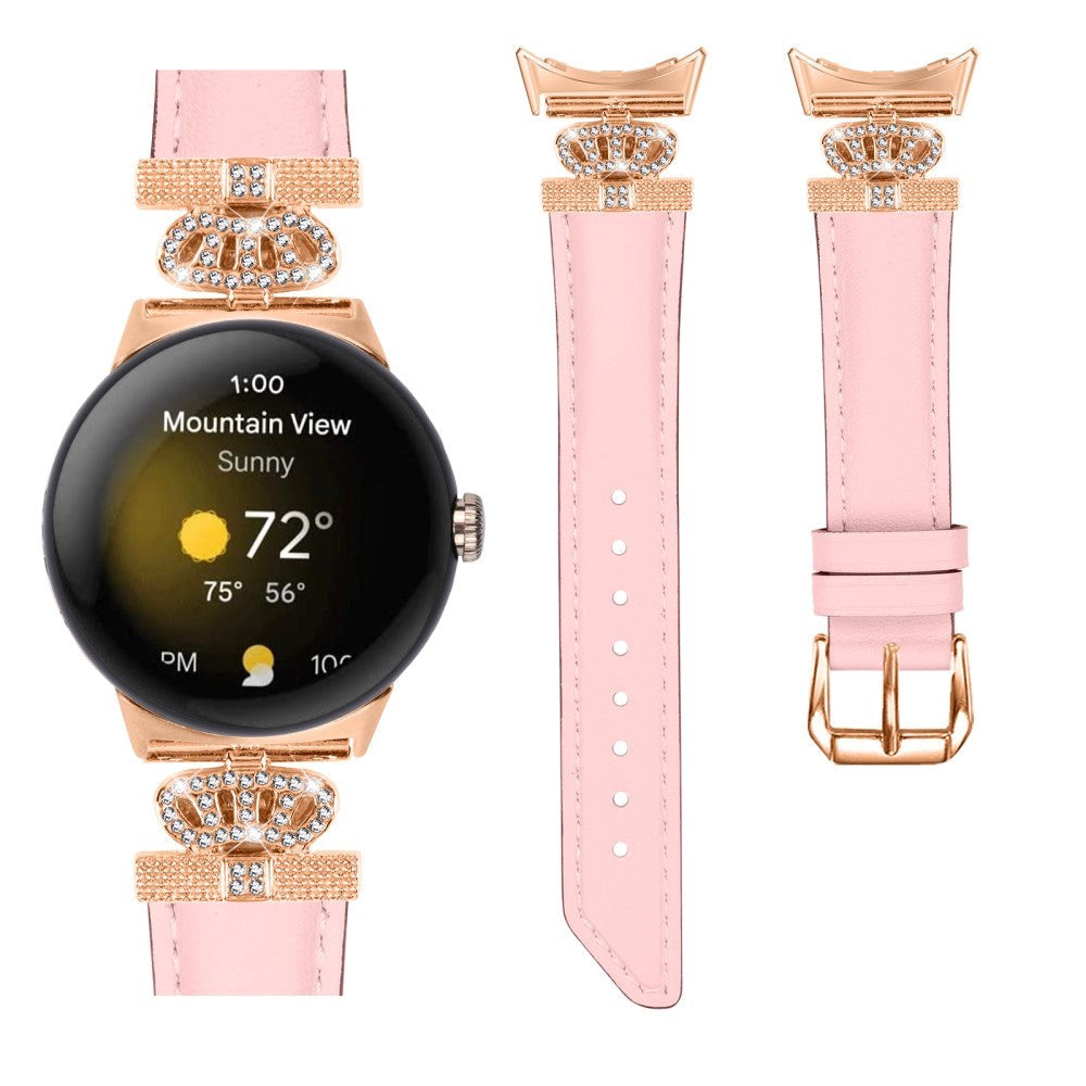 Google Pixel Watch 1 / 2 / 3 (41mm) Läderrem med Rose Gold Strass Spänne - Rosa
