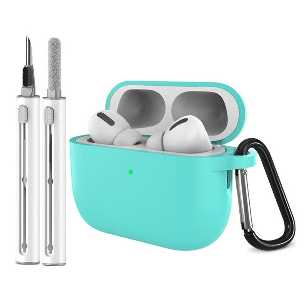 Apple AirPods Pro (3. gen.) Silikon Skal m. Karabinhake & Rengöringspenna - Mint Green