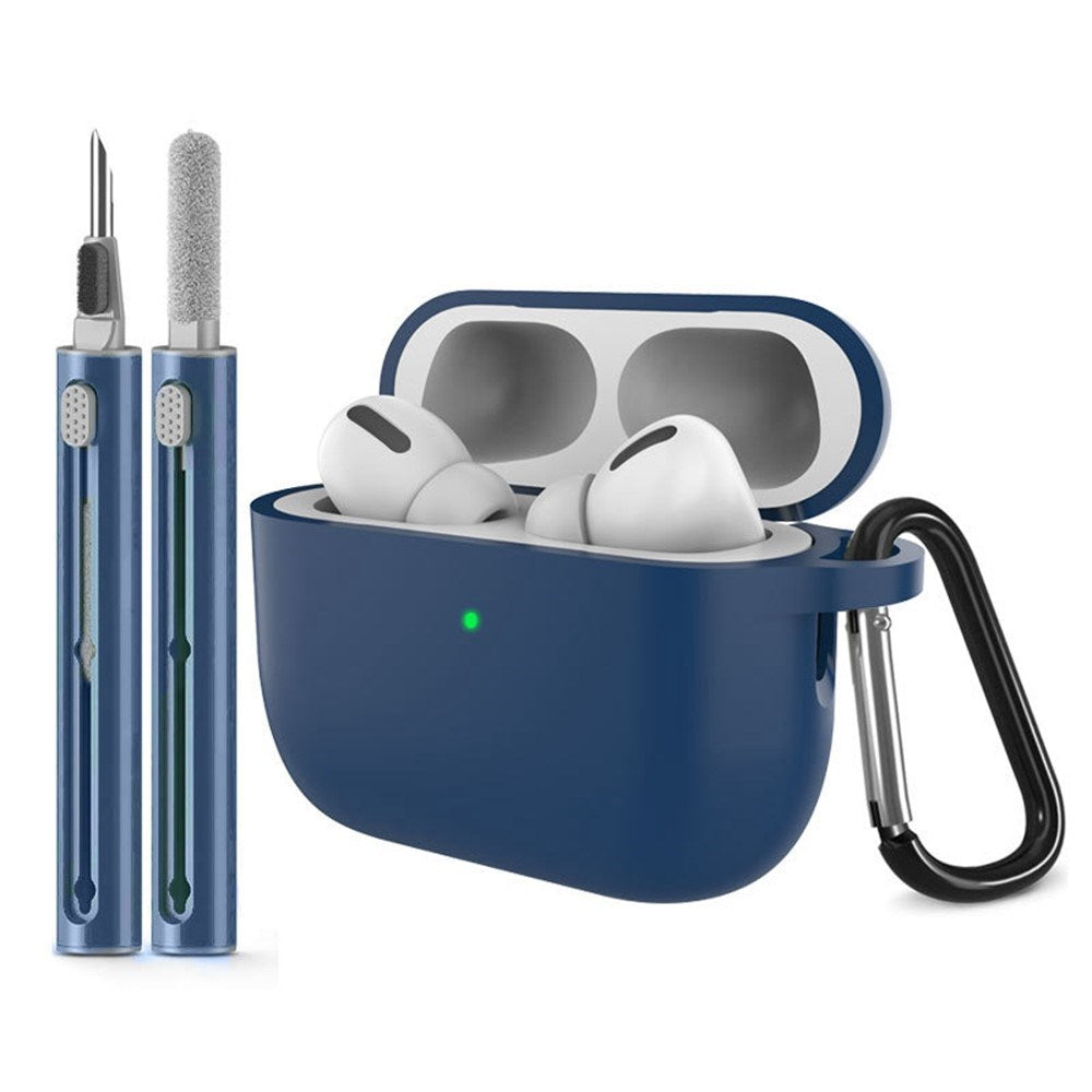 Apple AirPods Pro (3. gen.) Silikon Skal m. Karabinhake & Rengöringspenna - Midnight Blue