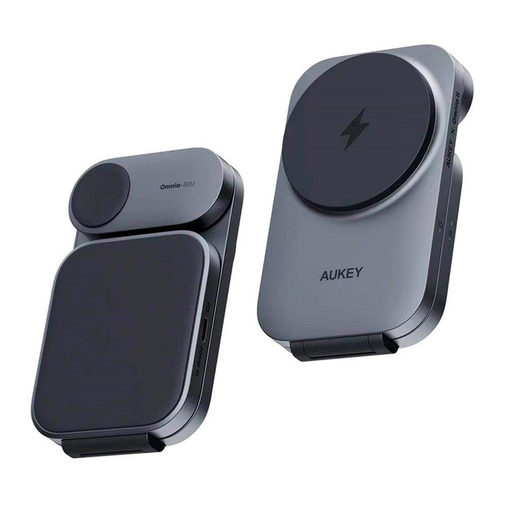 Aukey MagFusion 3-i-1 Magnetisk Hopfällbar Trådlös Laddare - MagSafe Kompatibel - Grå