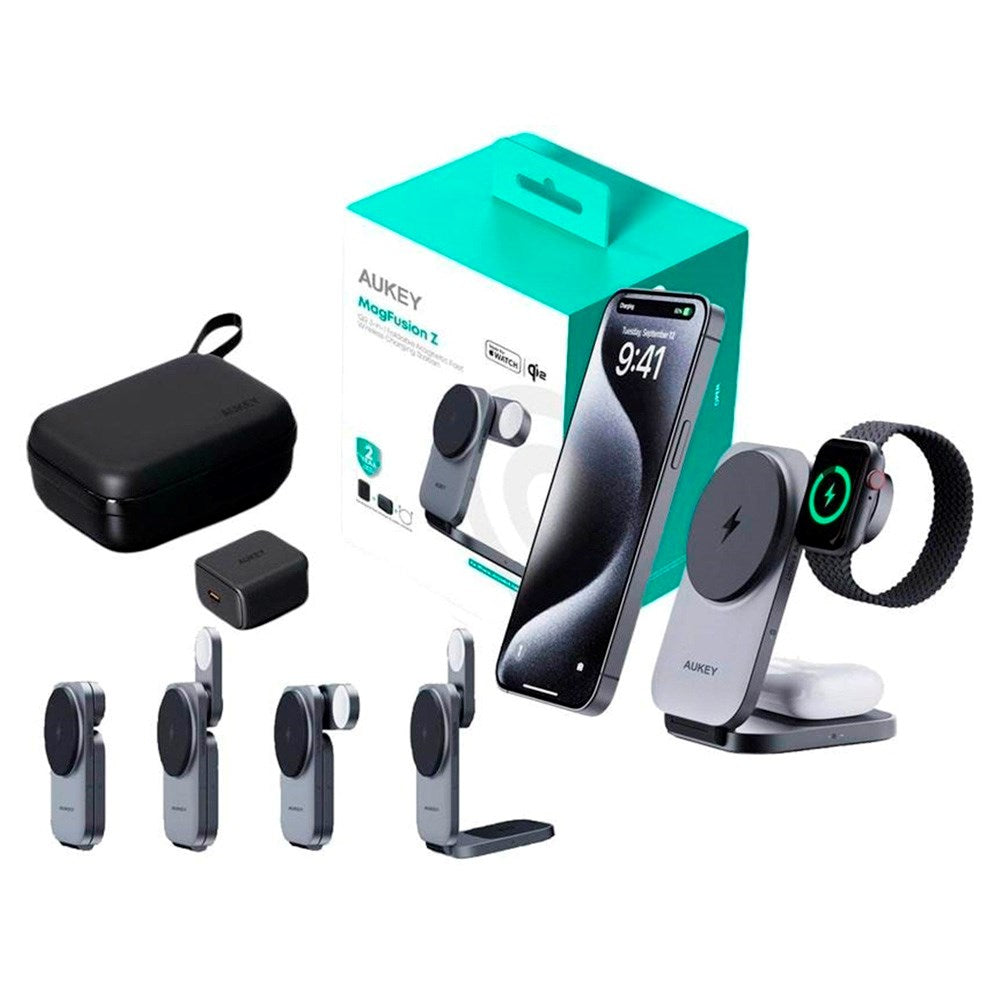 Aukey MagFusion 3-i-1 Magnetisk Hopfällbar Trådlös Laddare - MagSafe Kompatibel - Grå