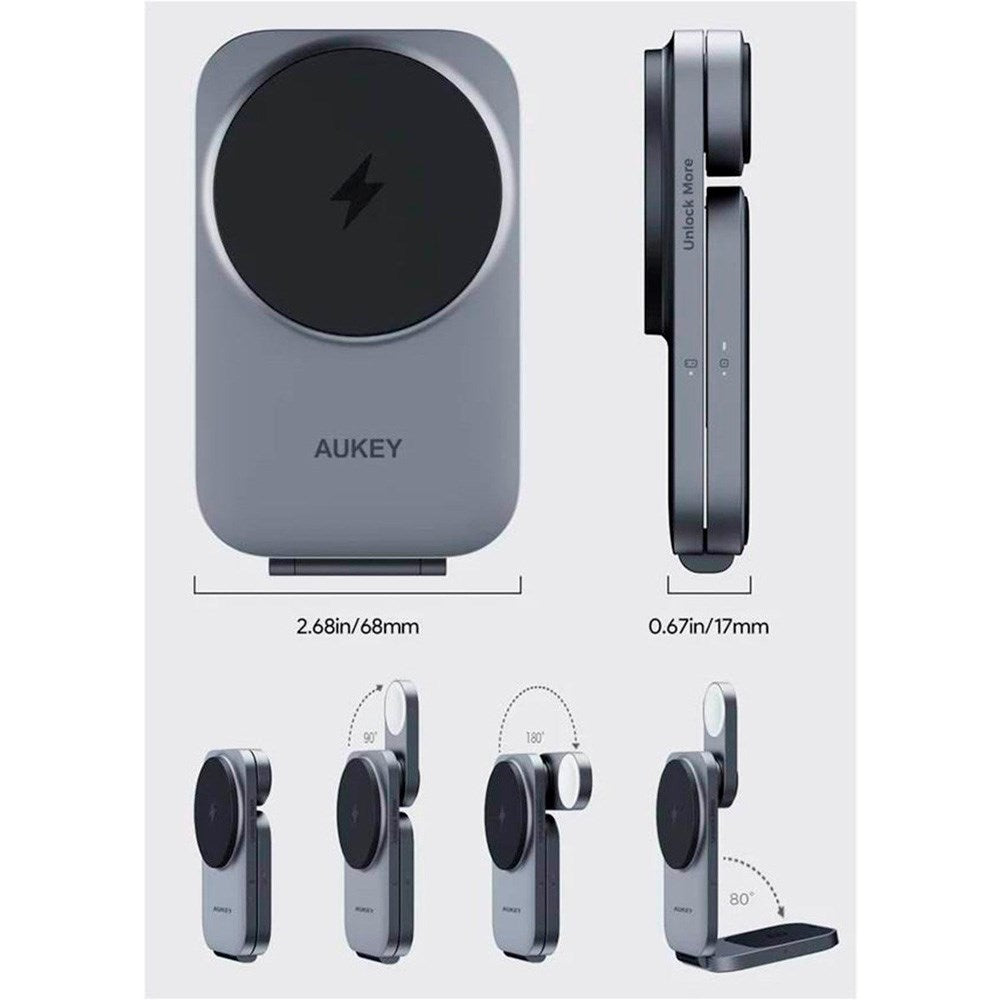 Aukey MagFusion 3-i-1 Magnetisk Hopfällbar Trådlös Laddare - MagSafe Kompatibel - Grå