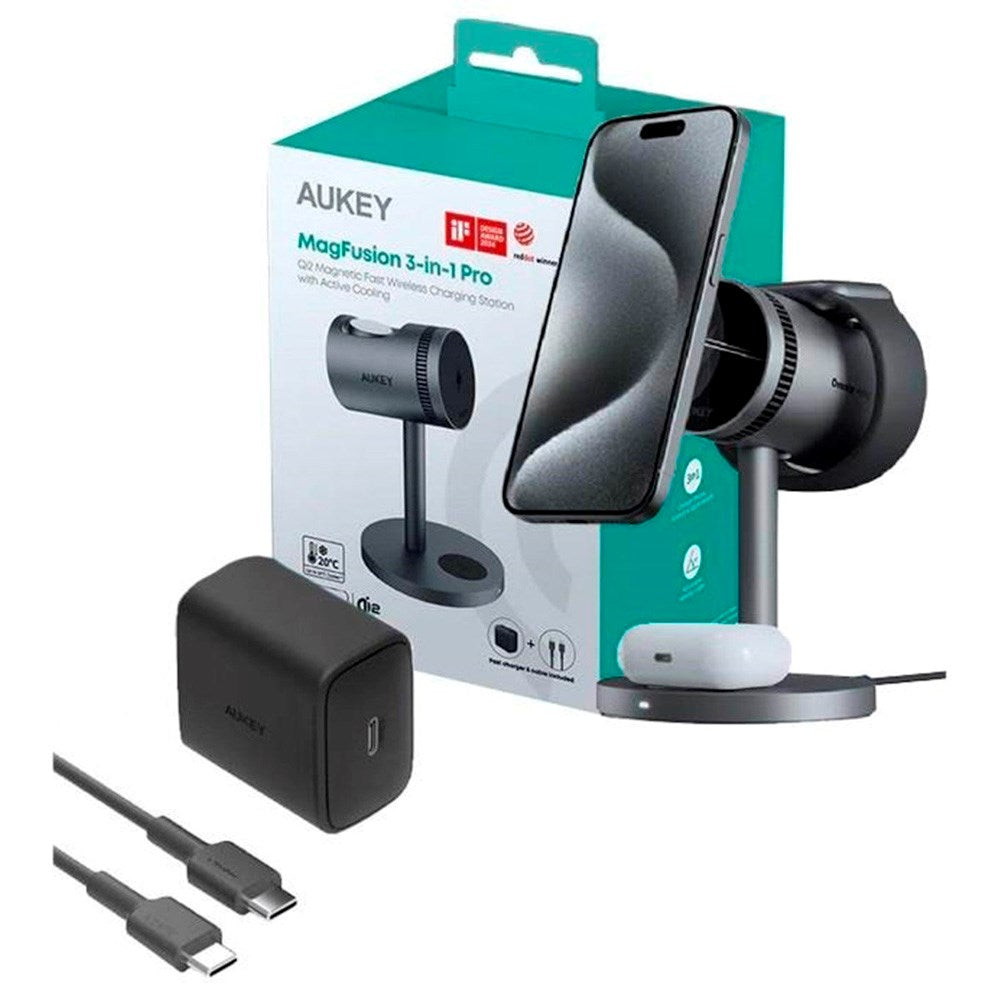 Aukey MagFusion 3-i-1 Pro Qi2 Trådlös Laddare - MagSafe Kompatibel - Grå