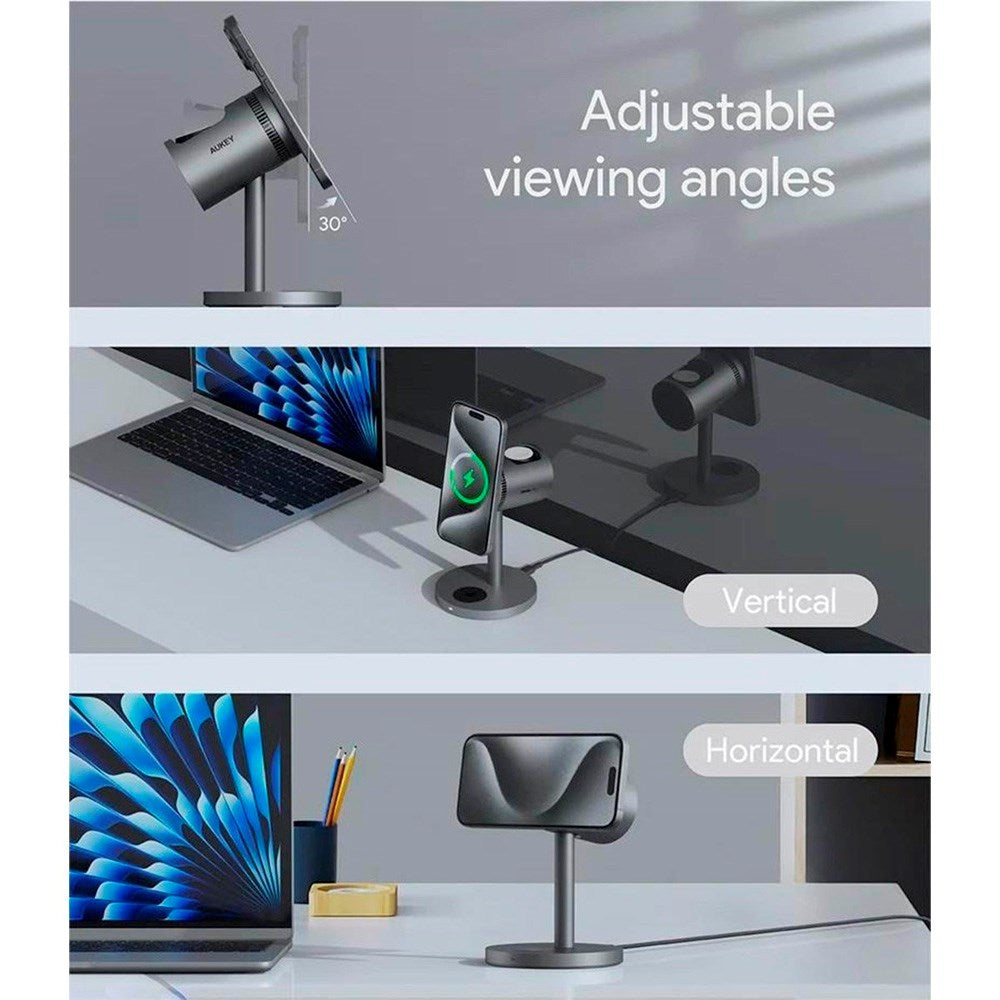 Aukey MagFusion 3-i-1 Pro Qi2 Trådlös Laddare - MagSafe Kompatibel - Grå