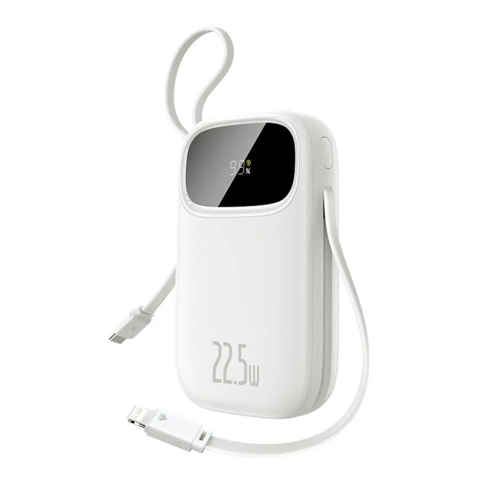 Baseus EnerFill 10 000mAh Powerbank 22,5W med Inbyggd USB-C- & Lightning-Kabel - Vit