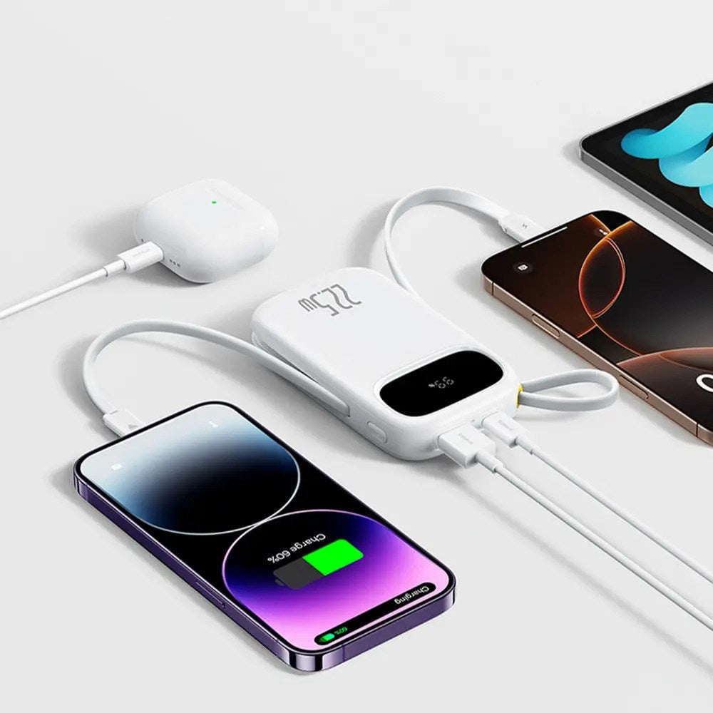 Baseus EnerFill 10 000mAh Powerbank 22,5W med Inbyggd USB-C- & Lightning-Kabel - Vit