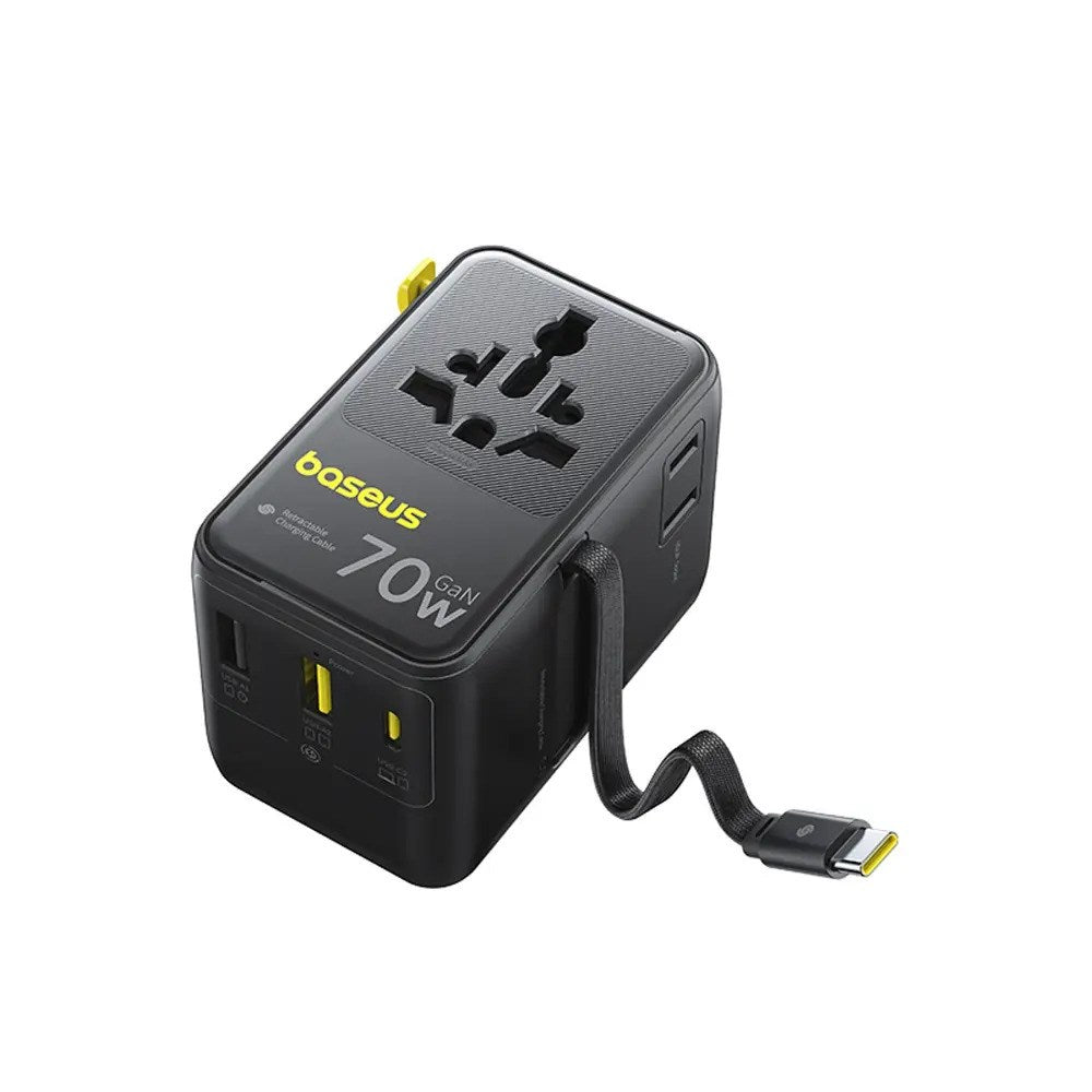 Baseus EnerCore 70W 6-i-1 Reseadapter m. Utdragbar USB-C Kabel - Svart