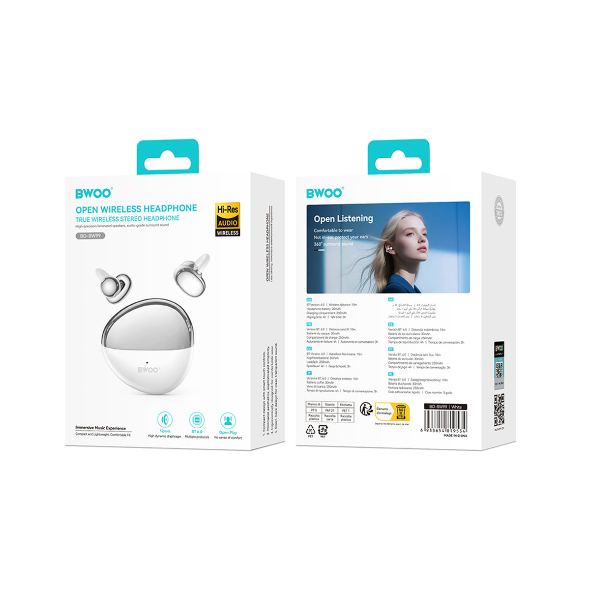 BWOO True Wireless Hörlurar - Open-Ear - Grå