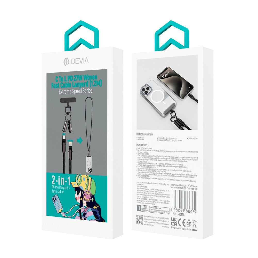 Devia 2-i-1 Mobilrem & USB-C till Lightning Kabel - Svart