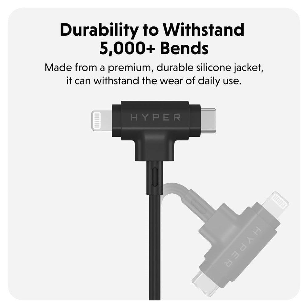 Hyper HyperJuice 60W 2-i-1 Hybrid Silikon USB-C till USB-C & Lightning Kabel - 1.5m - Svart