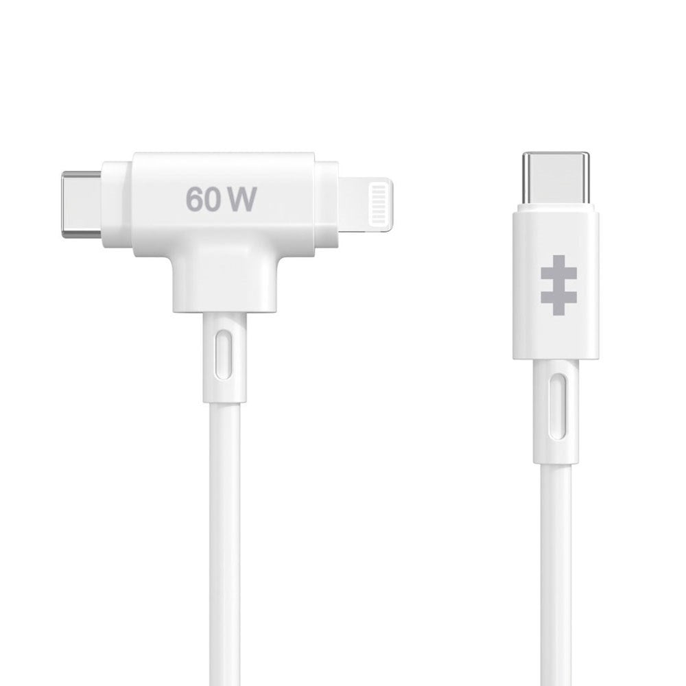Hyper HyperJuice 60W 2-i-1 Hybrid Silikon USB-C till USB-C & Lightning Kabel - 1.5m - Vit