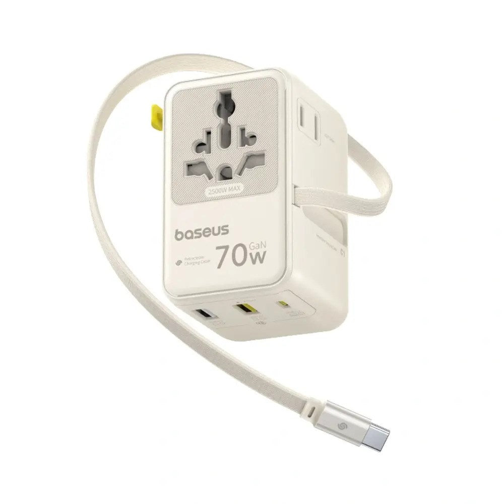 Baseus EnerCore 70W 6-i-1 Reseadapter m. Utdragbar USB-C Kabel - Vit