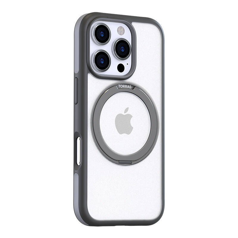 TORRAS iPhone 16 Pro Max Hybrid Plast Skal m. Roterbar Kickstand Ring - MagSafe Kompatibel - Transparent / Grå