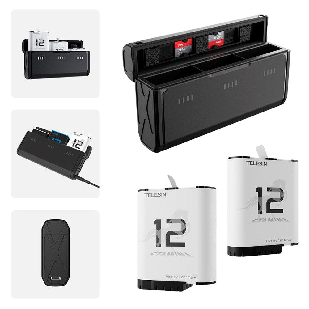 TELESIN Batteri Laddningsfodral & 2x Stamina Batteri Kit för GoPro Hero 9 / 10 / 11 / 12 - Svart