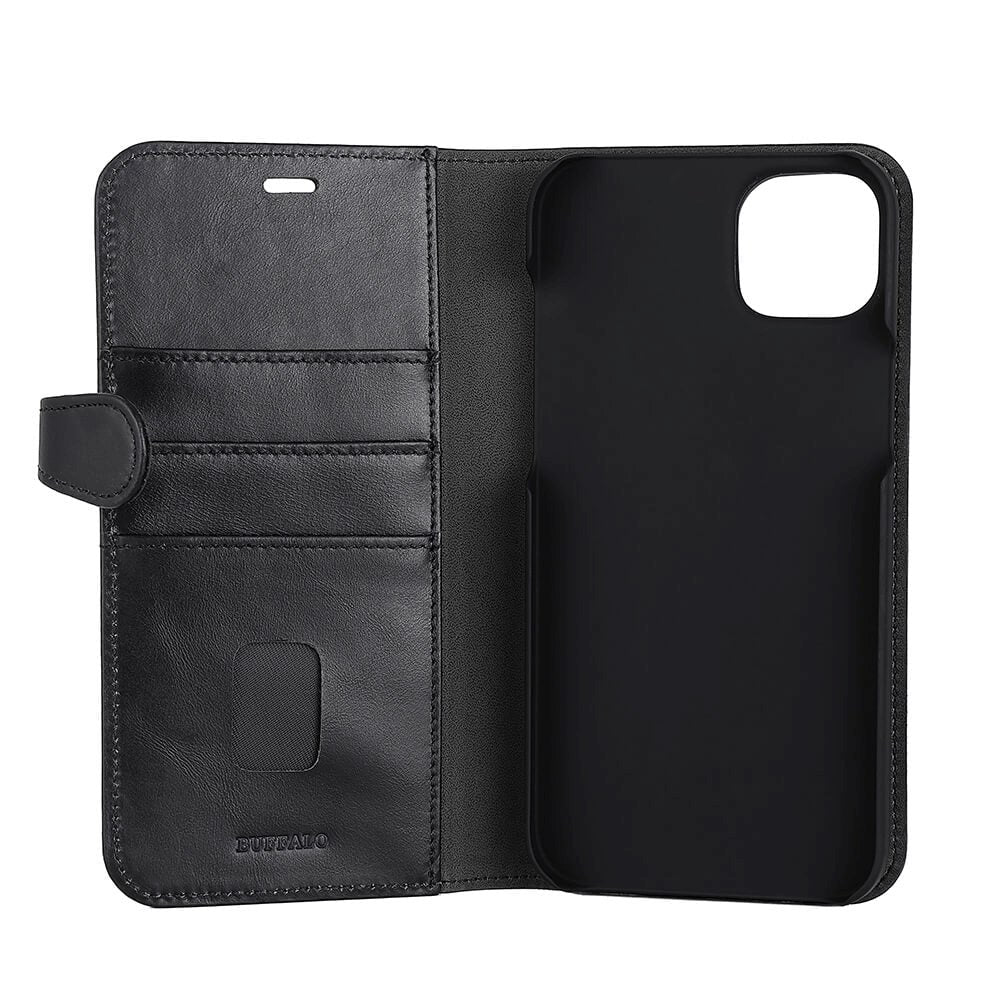 iPhone 14 Plus Buffalo Wallet Magnetiskt Plånboksfodral Äkta Läder - Svart