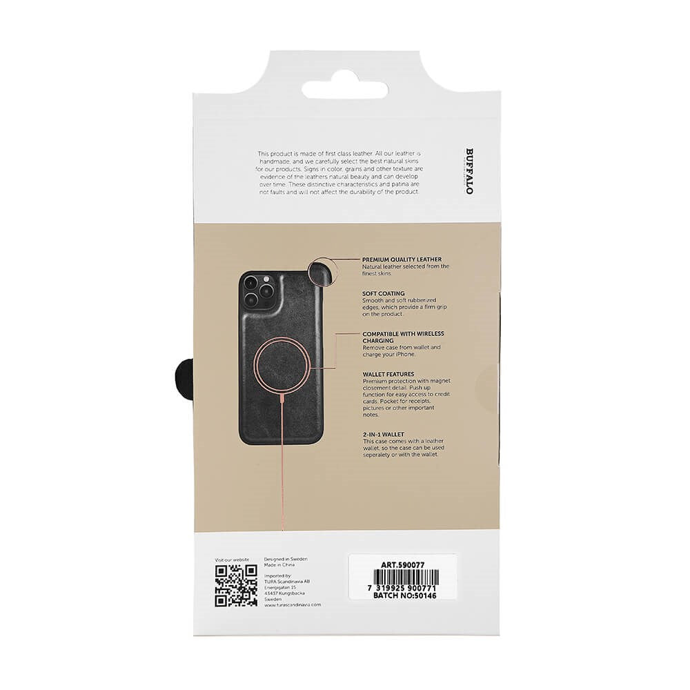 iPhone 14 Plus Buffalo Wallet Magnetiskt Plånboksfodral Äkta Läder - Svart