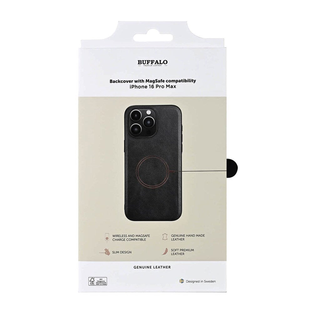 iPhone 16 Pro Max Buffalo Skal Äkta Läder - MagSafe-kompatibelt - Svart