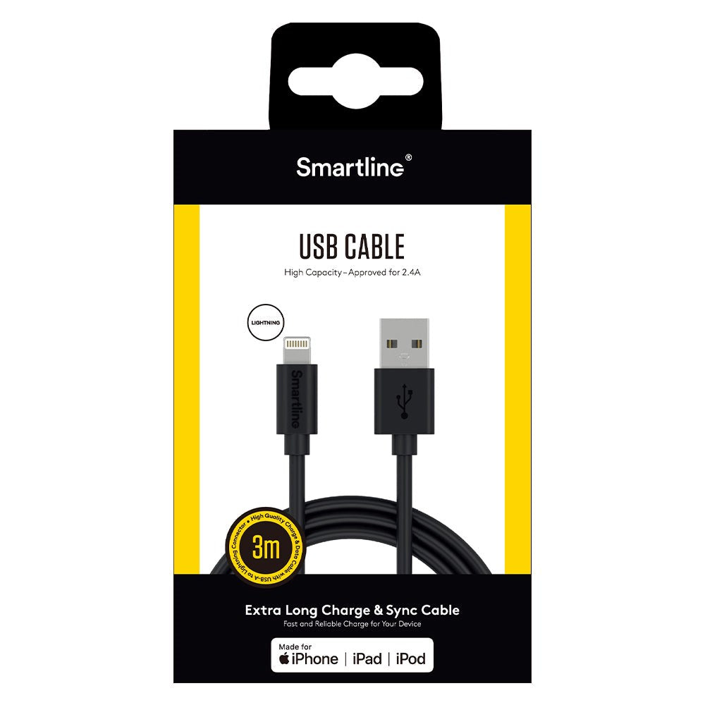 Smartline USB-A TO Lightning Cable 3 m. - Svart