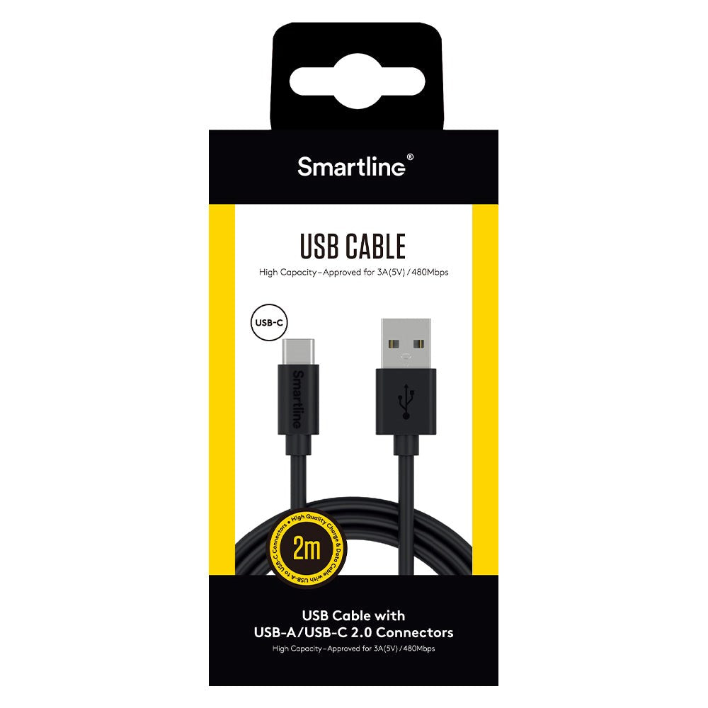 Smartline (3A/15W) USB2.0 - USB -C-kabel 2 m. - Svart
