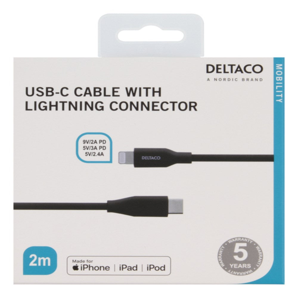 Deltaco 18W USB-C till Lightning Kabel - 2m - Svart