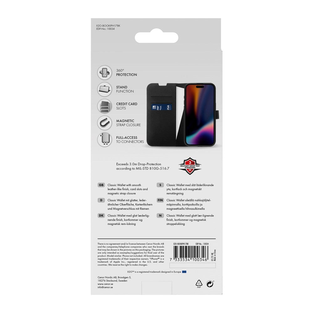 X2O iPhone 17 Classic Wallet Fodral - Korthållare & Stativfunktion - Svart