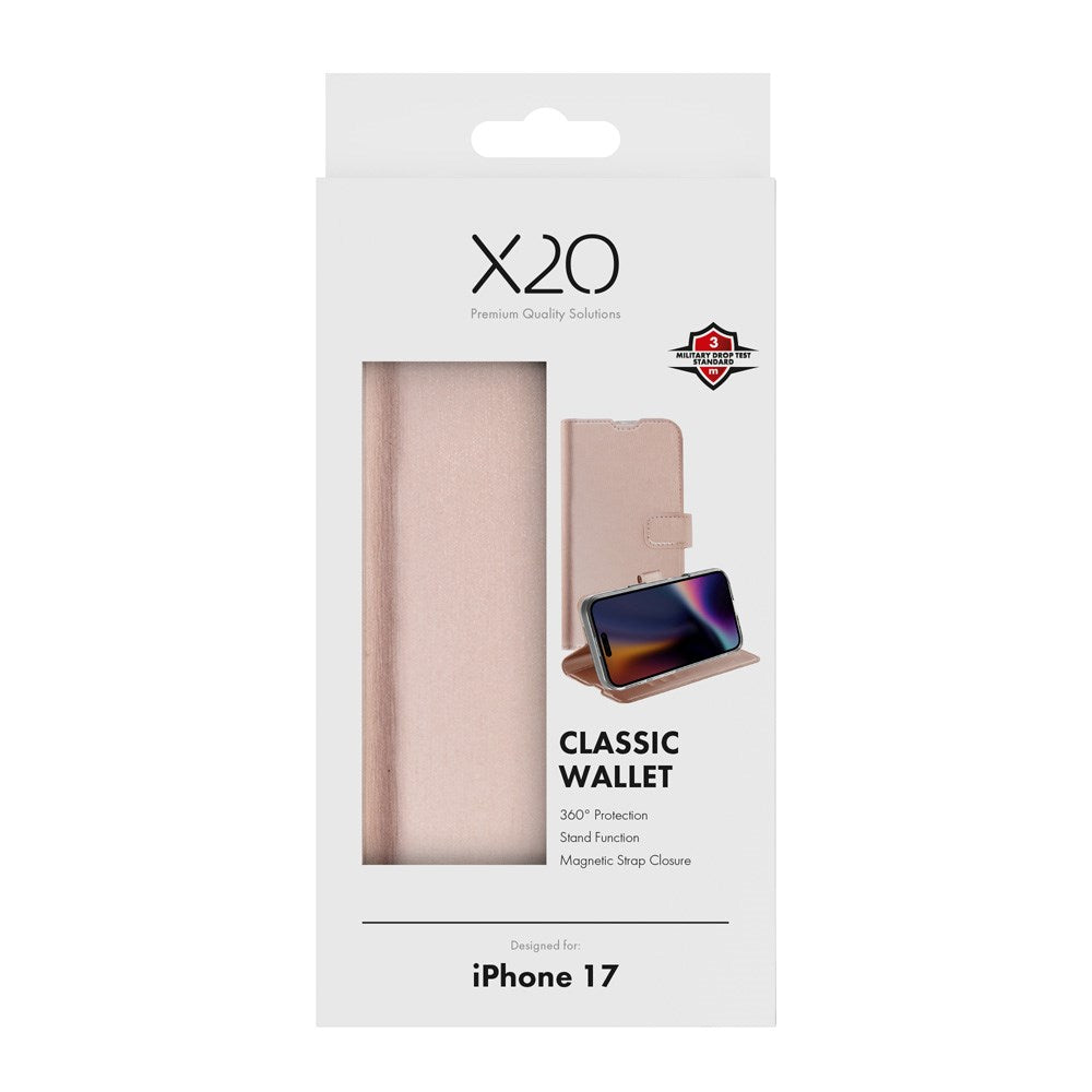 X2O iPhone 17 Classic Wallet Fodral - Korthållare & Stativfunktion - Rose Gold