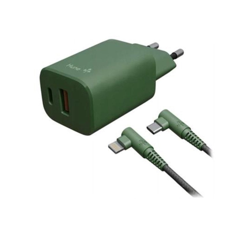 Hune Kit med 1 x 20W Väggladdare (USB-C & USB-A) & USB-C till Lightning Kabel (1,2 m) - Grön