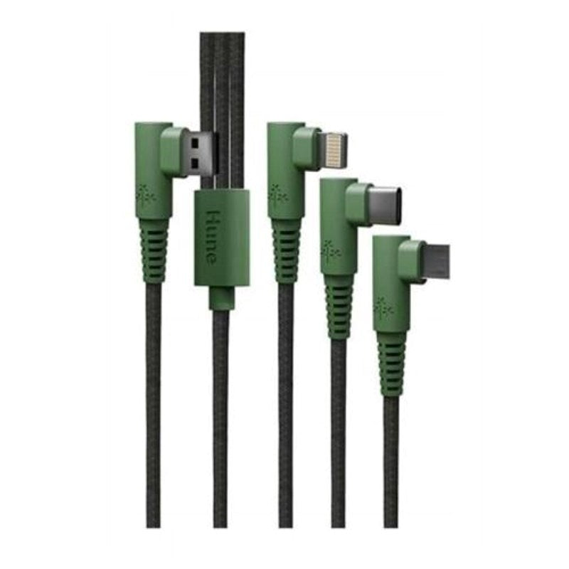 Hune Hiedra 3-i-1 USB-A Multikabel med Vinklad Kontakt - 1 x USB-C 1 x Lightning 1 x MicroUSB - 1.2m - Grön