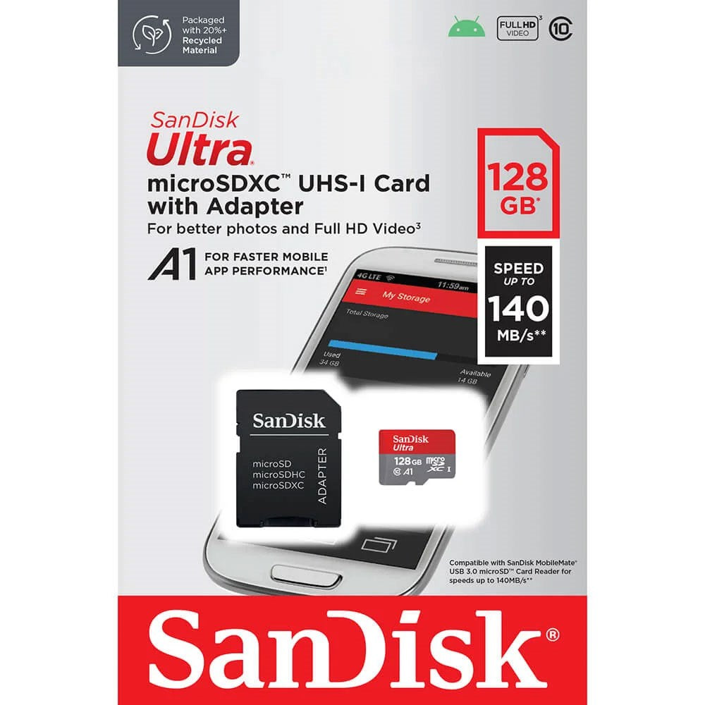 SanDisk MicroSDXC Minneskort m. Adapter - 128GB - Röd / Grå