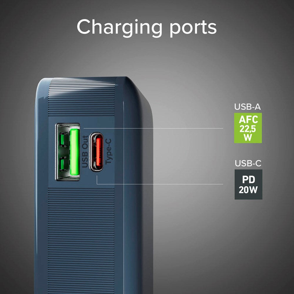 SBS - 20W LCD PowerBank m. 1x USB-A & 1x USB-C - 10.000 mAh - Blå