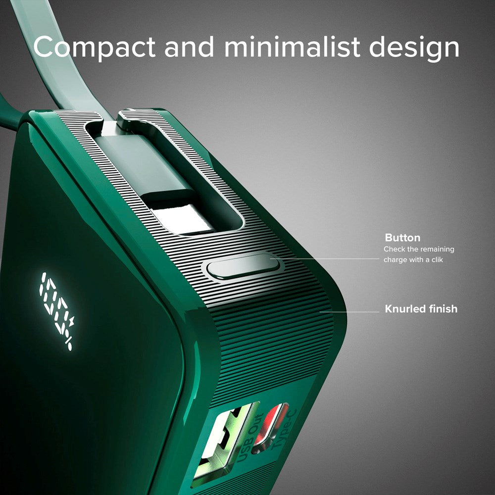 SBS - 20W LCD PowerBank m. 1x USB-A & 1x USB-C - 10.000 mAh - Grön