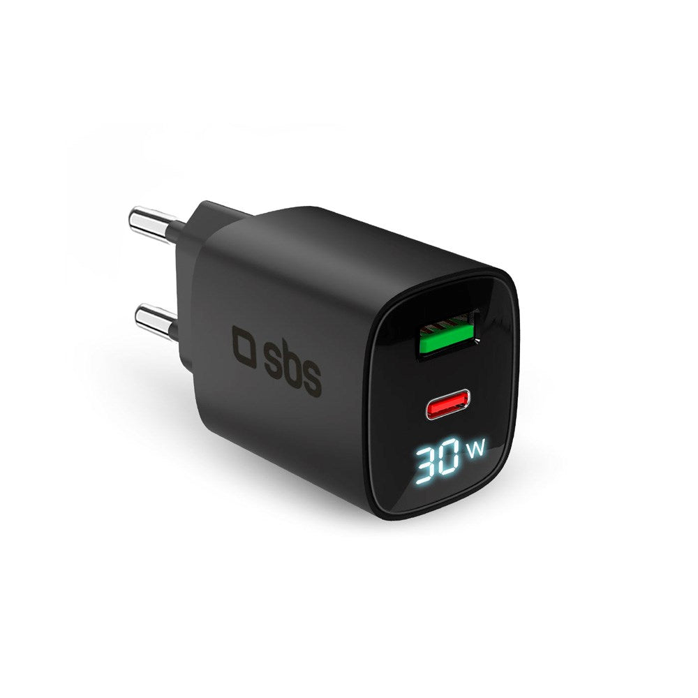SBS - 30W LCD Väggladdare m. 1x USB-A & 1x USB-C - Svart