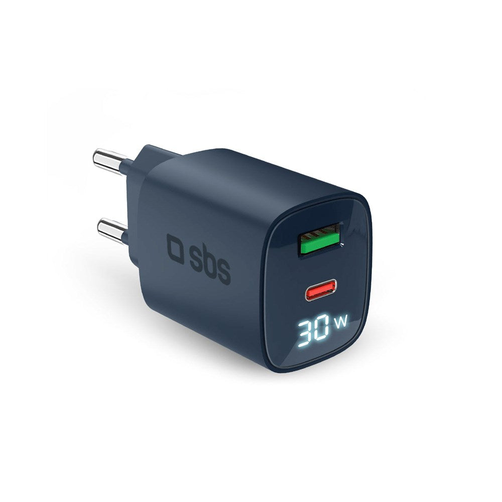 SBS - 30W LCD Väggladdare m. 1x USB-A & 1x USB-C - Blå