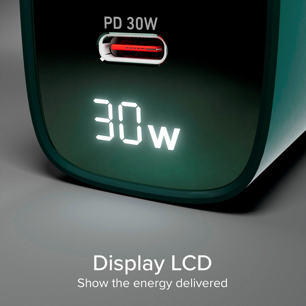 SBS - 30W LCD Väggladdare m. 1x USB-A & 1x USB-C - Grön