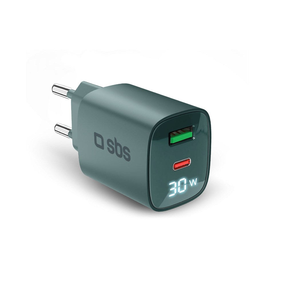 SBS - 30W LCD Väggladdare m. 1x USB-A & 1x USB-C - Ljusblå