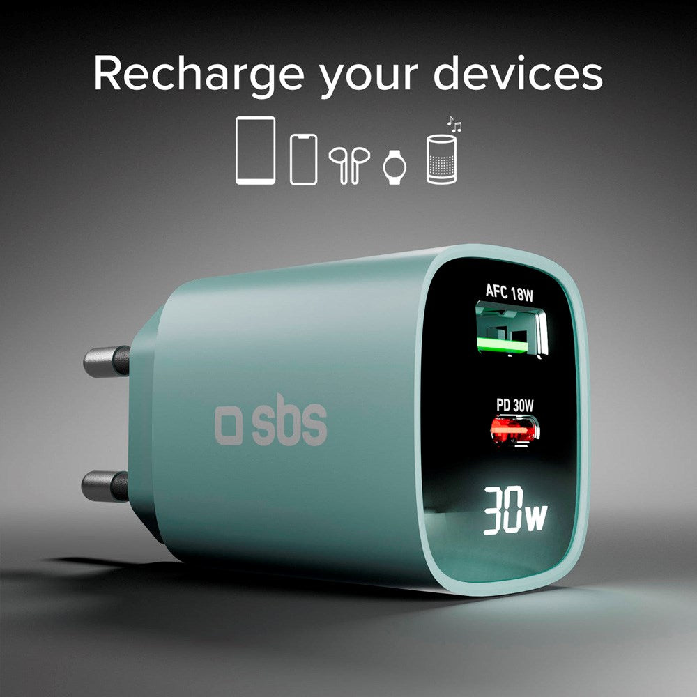 SBS - 30W LCD Väggladdare m. 1x USB-A & 1x USB-C - Ljusblå