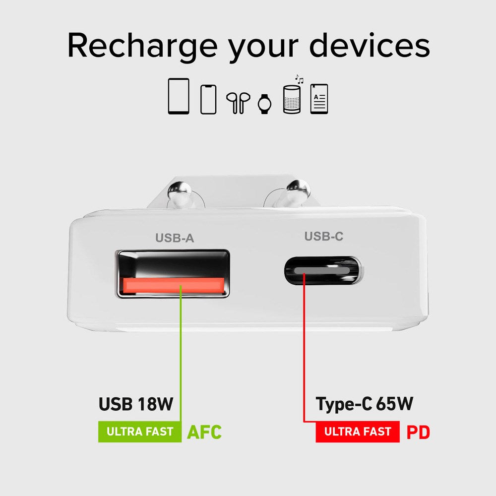 SBS 65W Flexi Vikbar Väggladdare m. 1x USB-A & 1x USB-C - Vit