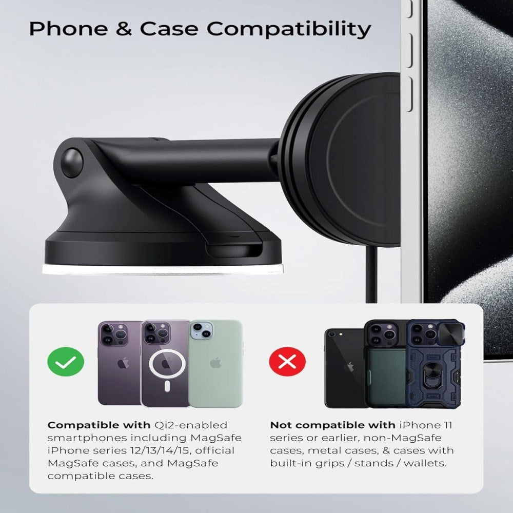 iOttie Velox Qi2 Mobilhållare m. Trådlös Laddare - Instrumentbräda / Vindruta - MagSafe Kompatibel - Svart
