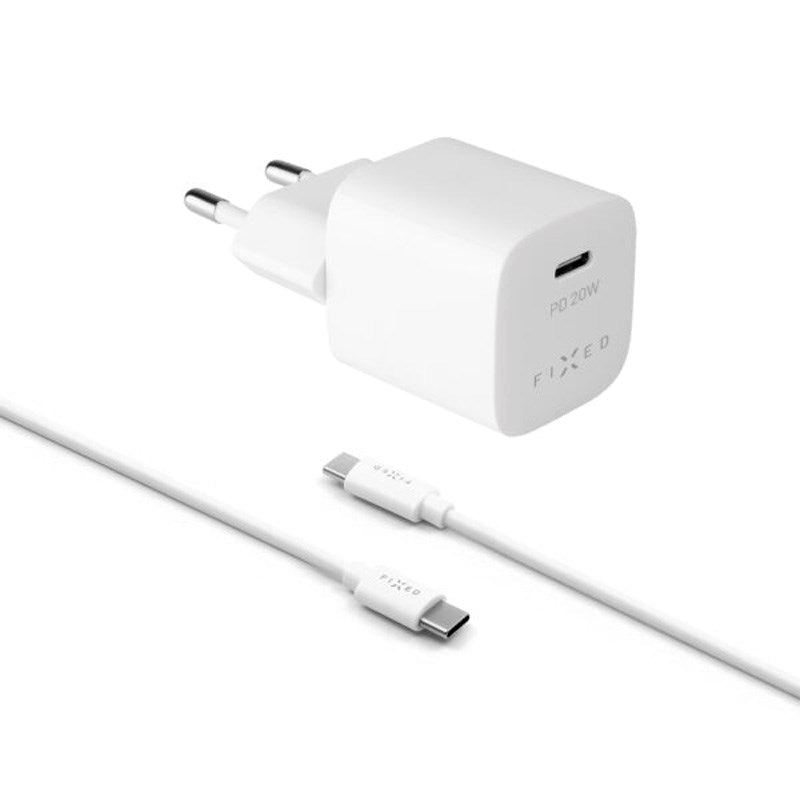 Fixed Mini Väggladdare m. 1x USB-C / 1x USB-C Kabel 20W - 1m - Vit