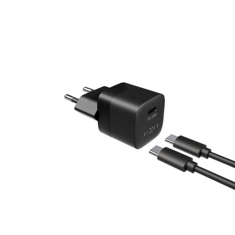 Fixed Mini Väggladdare m. 1x USB-C / 1x USB-C Kabel 20W - 1m - Svart