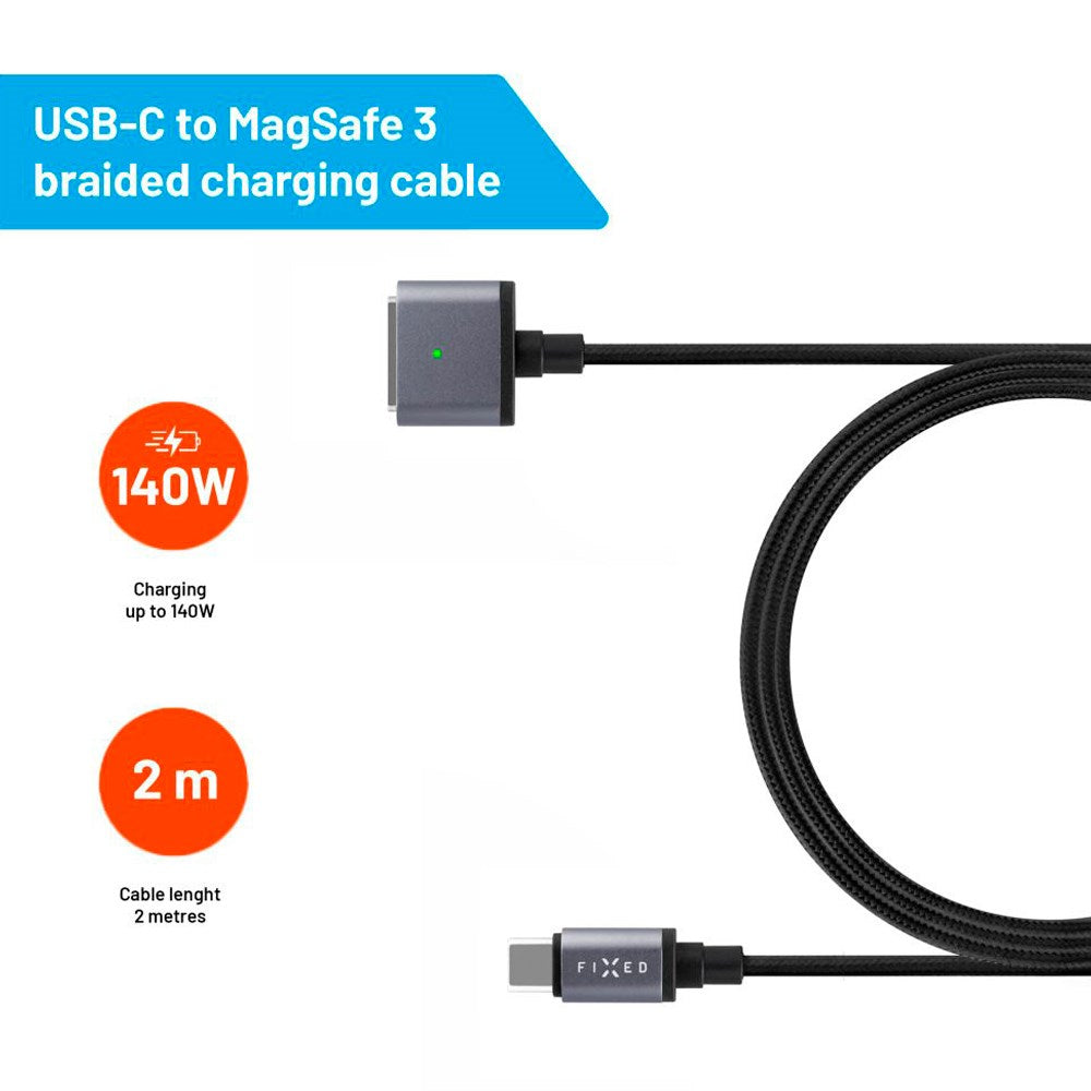 Fixed Braided USB-C till MagSafe 3 Kabel 140W - 2m - Grå