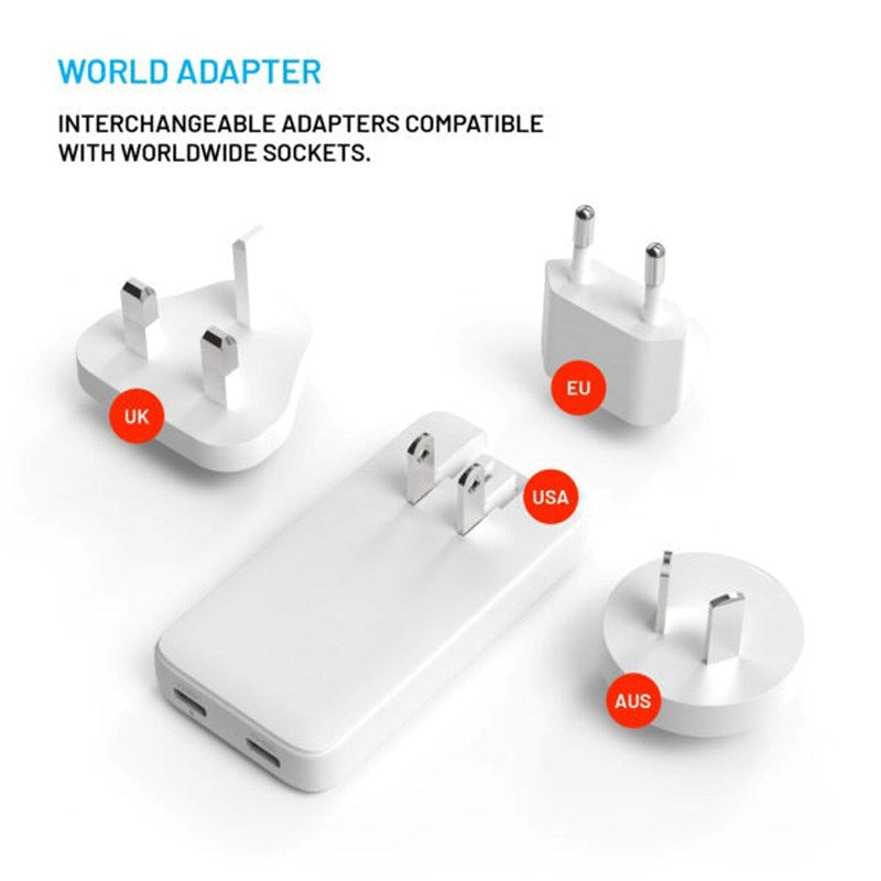 Fixed Smal Väggladdare med 2 x USB-C & Reseadapter - EU / UK / US / AUS - Vit