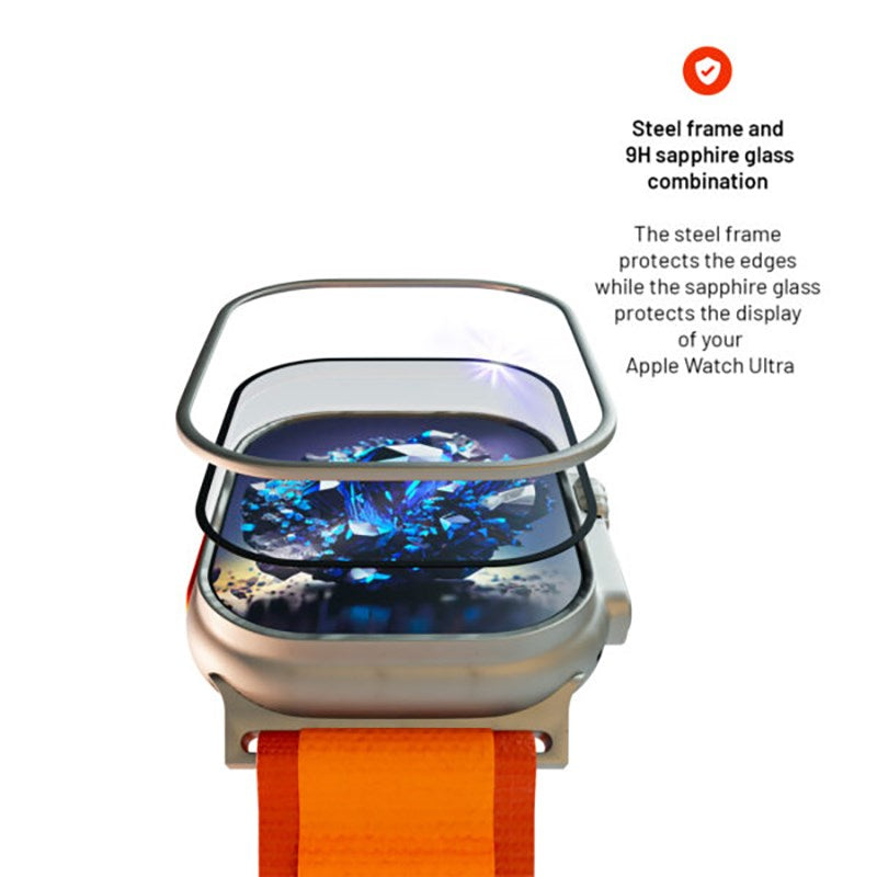 Apple Watch Ultra 4/3/2/1 (49mm) Fixed Safirglas Skärmskydd med Metallram - Genomskinlig