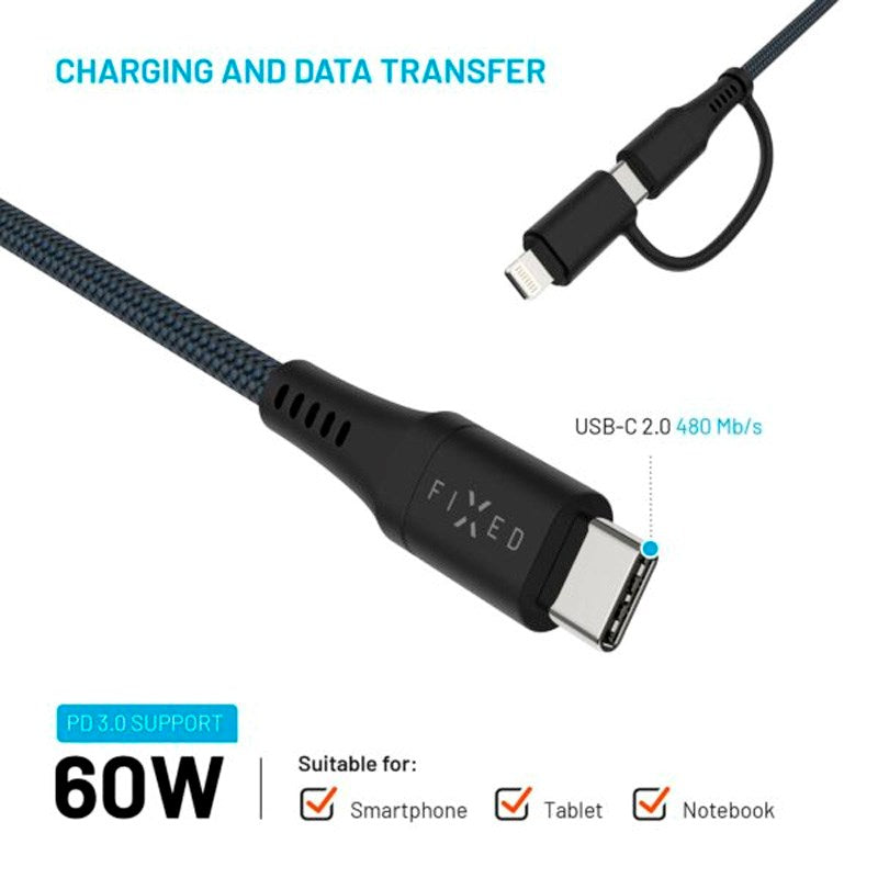 Fixed 2-i-1 60W USB-C till Lightning Kabel 1.2m - Svart